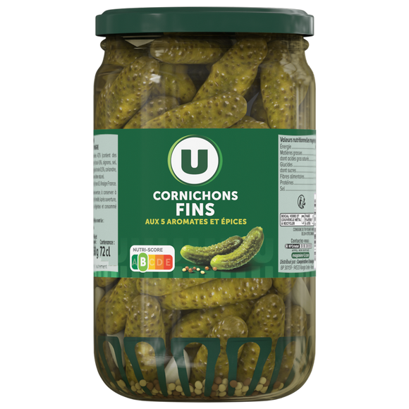 U Cornichons fins pasteurisés au vinaigre  bocal de 360g