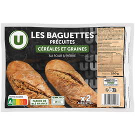 U Demi-baguette aux céréales et graines précuite sur four à pierre  2x125g
