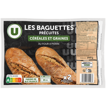 U Demi-baguette aux céréales et graines précuite sur four à pierre 2x125g