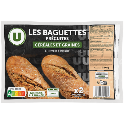 U Demi-baguette aux céréales et graines précuite sur four à pierre 2x125g