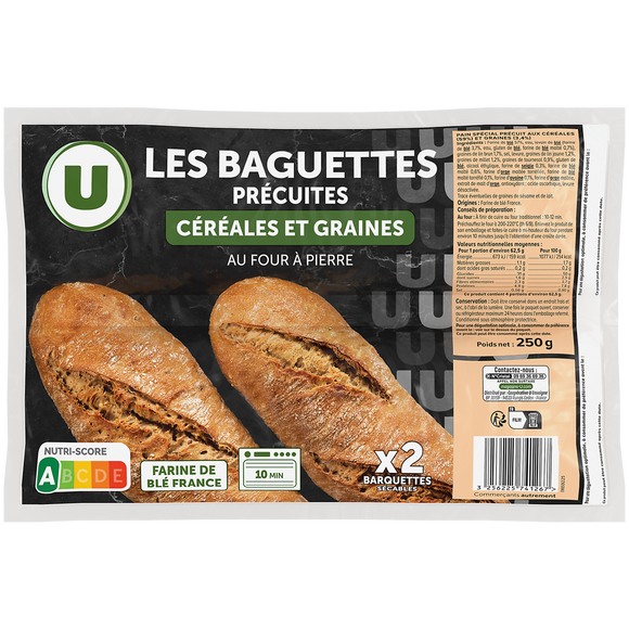 U Demi-baguette aux céréales et graines précuite sur four à pierre 2x125g