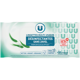 U Lingettes désinfectantes sans javel multi-usages fraîcheur eucalyptusx25