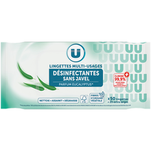 U Lingettes désinfectantes sans javel multi-usages fraîcheur eucalyptusx25