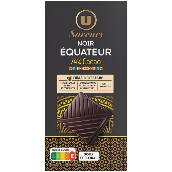 U Chocolat noir 74% de cacao d'Equateur  Tablette de 100g
