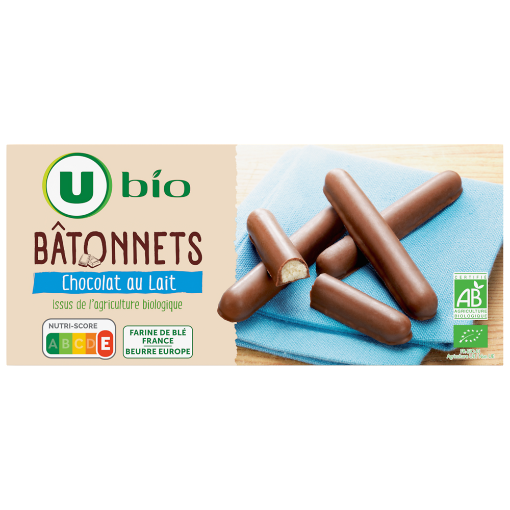 U BIO Bâtonnets au chocolat au lait bio paquet de 125g