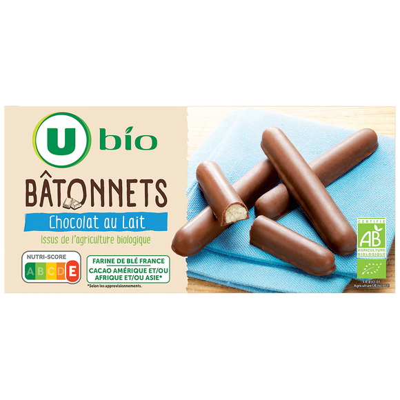 U BIO Bâtonnets au chocolat au lait bio paquet de 125g