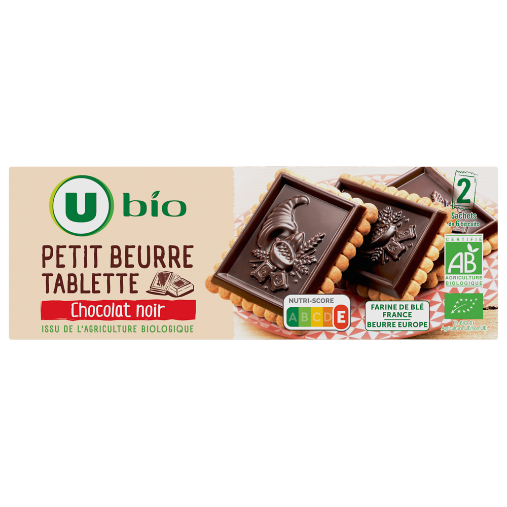 U BIO Tablette petit beurre au chocolat noir bio paquet de 150g