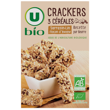 U BIO Crackers 3 céréales sarrasin lin et flocon d'avoine  paquet de 65g