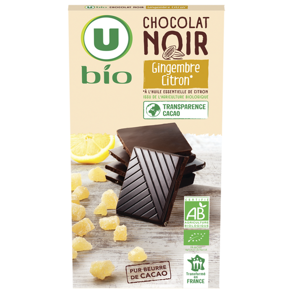 U BIO Chocolat noir au citron et gingembre - Tablette 100g