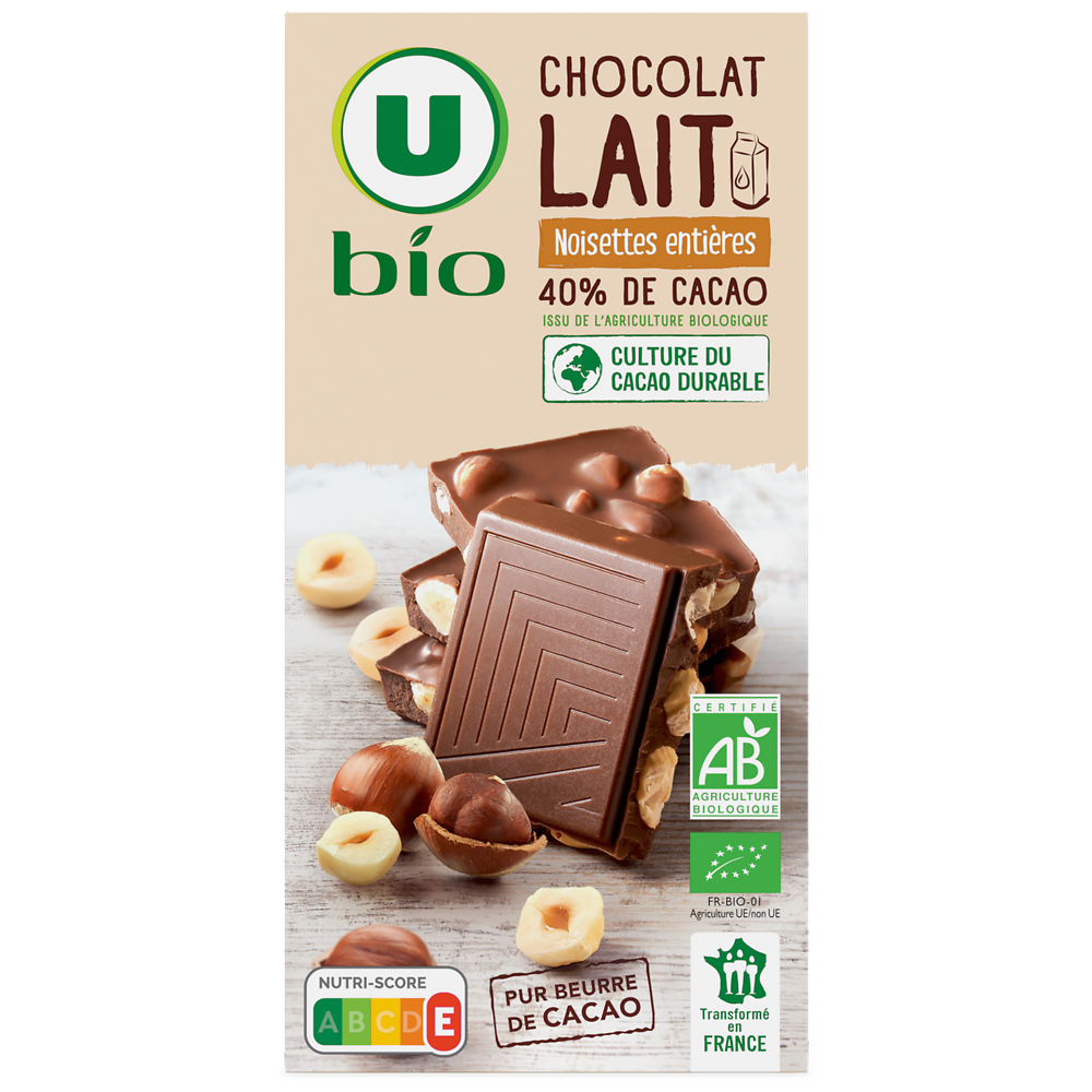 U BIO Chocolat au lait et noisettes entières - tablette - 200g