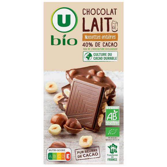 U BIO Chocolat au lait et noisettes entières - tablette - 200g