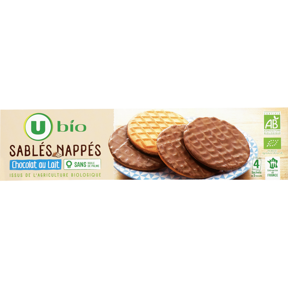 U BIO Biscuits Sablés bio nappés au chocolat au lait étui de 200g