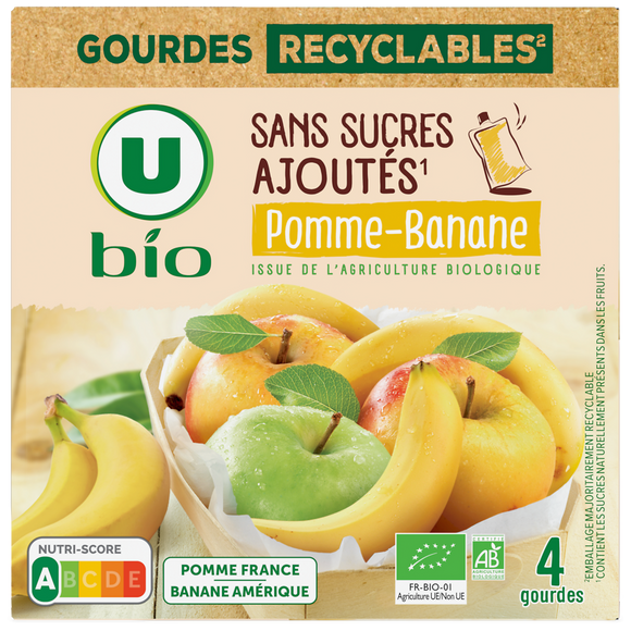 U BIO Purée pomme banane sans sucres ajoutés 4 gourdes de 90g