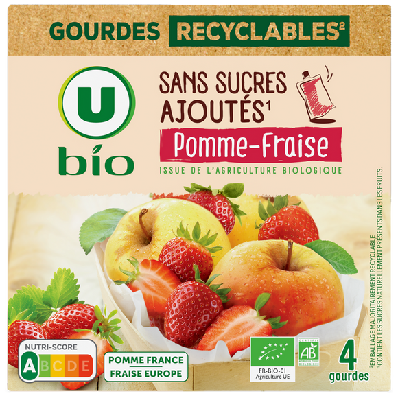 U BIO Purée pomme fraise sans sucres ajoutés  4 gourdes de 90g