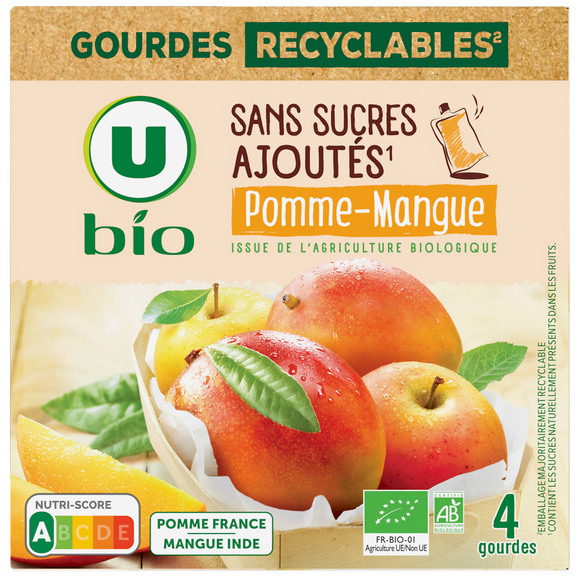 U BIO Purée pomme mangue sans sucres ajoutés  4 gourdes de 90g