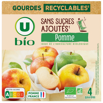 U BIO Purée de pomme sans sucres ajoutés  4 gourdes de 90g