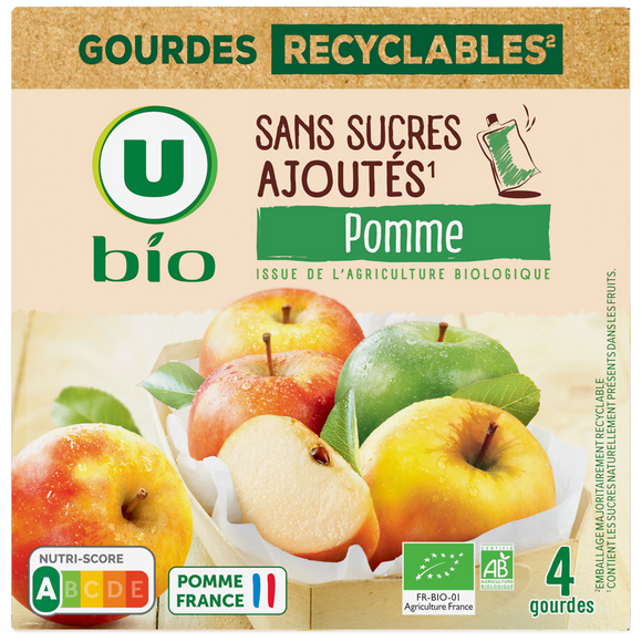 U BIO Purée de pomme sans sucres ajoutés  4 gourdes de 90g