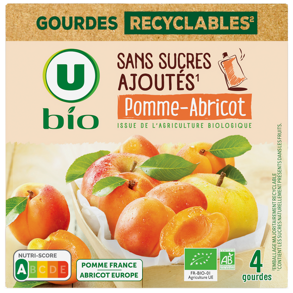 U BIO Purée pomme abricot sans sucres ajoutés  4 gourdes de 90g