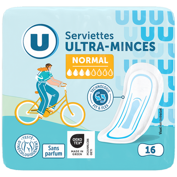 U Serviettes hygiéniques ultra mince normale pliées x16