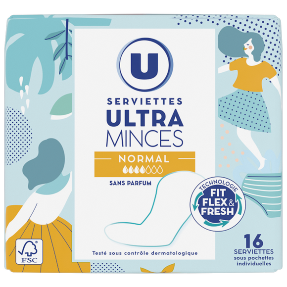 U Serviettes hygiéniques ultra mince normale pliées x16