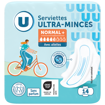 U Serviettes hygiéniques ultra mince normal plus avec ailettes x14