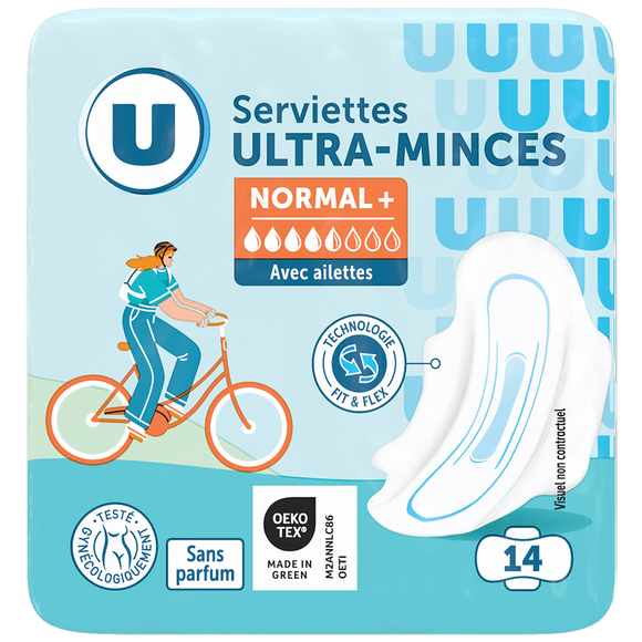 U Serviettes hygiéniques ultra mince normal plus avec ailettes x14
