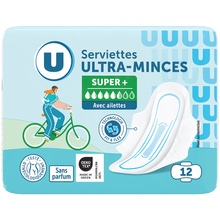 U Serviettes hygiéniques ultra mince super plus avec ailettes pliée x12