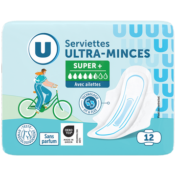 U Serviettes hygiéniques ultra mince super plus avec ailettes pliée x12