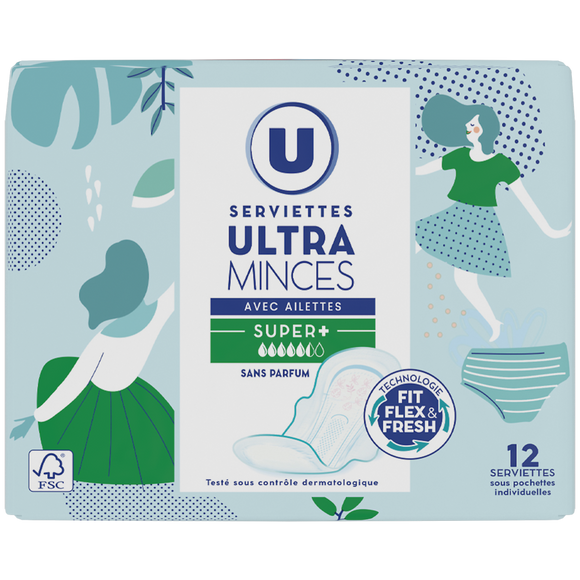 U Serviettes hygiéniques ultra mince super plus avec ailettes pliée x12