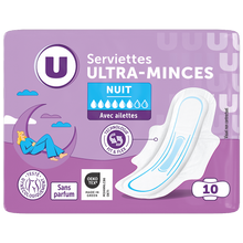 U Serviettes hygiéniques ultra mince de nuit pliée à ailettes x10