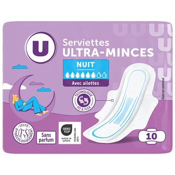 U Serviettes hygiéniques ultra mince de nuit pliée à ailettes x10
