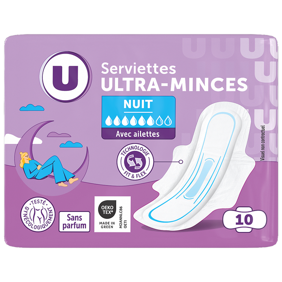 U Serviettes hygiéniques ultra mince de nuit pliée à ailettes x10