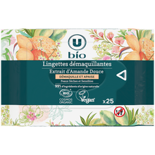 U BIO Lingettes démaquillantes à l'amande douce pour peaux sèches etsensibles x25