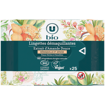 U BIO Lingettes démaquillantes à l'amande douce pour peaux sèches etsensibles x25