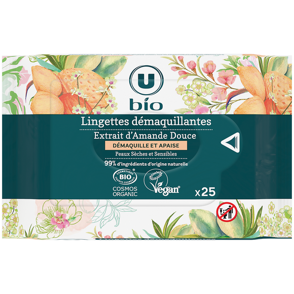 U BIO Lingettes démaquillantes à l'amande douce pour peaux sèches etsensibles  x25