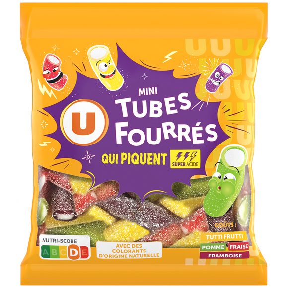 U Bonbons mini tubes fourrés qui piquent  sachet de 200g
