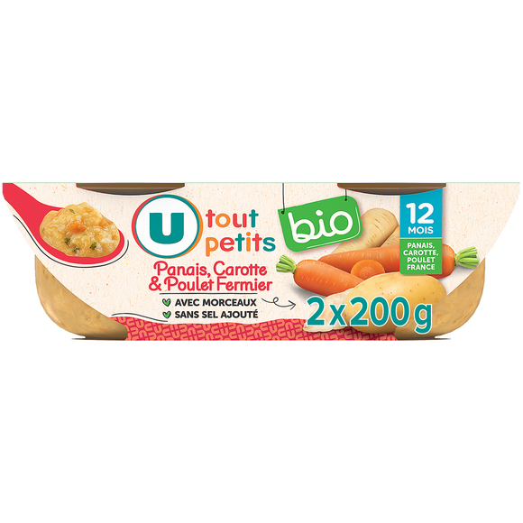 U TOUT PETITS BIO Plat bébé du midi Panais, Carotte & Poulet Fermier,dès 12 mois - 2x200g - Repas bébé