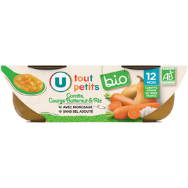 U TOUT PETITS BIO Plats bébé bols carottes butternut riz dès 12mois, 2x200g origine France