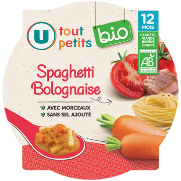 U TOUT PETITS BIO Plat bébé assiette spaghetti bolognaise dès 12 mois, 230g origine France