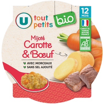 U TOUT PETITS BIO Plat bébé assiette mijoté de carottes et boeuf dès 12 mois, 230g origine France