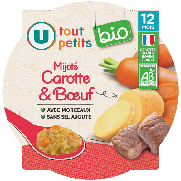 U TOUT PETITS BIO Plat bébé assiette mijoté de carottes et boeuf dès 12 mois, 230g origine France