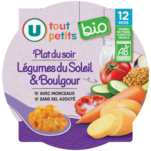 U TOUT PETITS BIO Plat bébé assiette soir legumes du soleil et boulghour dès 12mois, 230g