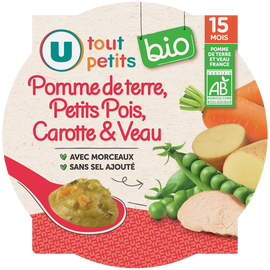 U TOUT PETITS BIO Plat bébé assiette de petits pois et veau bio dès 15 mois, 250g