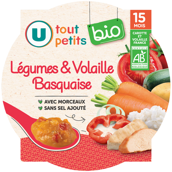 U TOUT PETITS BIO Plat bébé assiette de légumes et volaille basquaise dès 15 mois, 250g