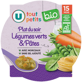 U TOUT PETITS BIO Plat bébé assiette de soir aux légumes verts et pâtes bio dès15 mois,250g