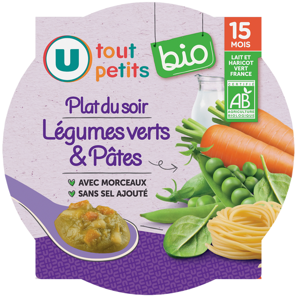 U TOUT PETITS BIO Plat bébé assiette de soir aux légumes verts et pâtes bio dès15 mois,250g