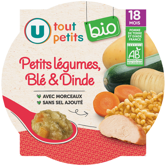 U TOUT PETITS BIO Plat bébé assiette de courgette blé et dinde bio dès 18 mois,260g