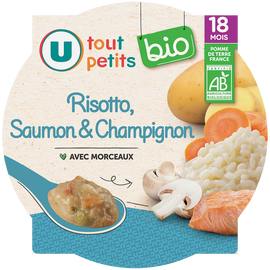U TOUT PETITS BIO Plat bébé assiette de risotto au saumon et champignon en morceaux dès18 mois,260g