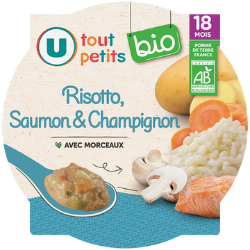 U TOUT PETITS BIO Plat bébé assiette de risotto au saumon et champignon en morceaux dès18 mois,260g