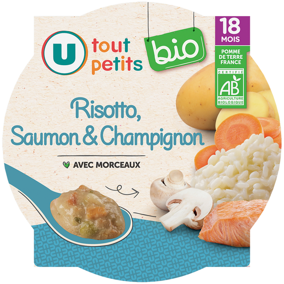 U TOUT PETITS BIO Plat bébé assiette de risotto au saumon et champignon en morceaux dès18 mois,260g